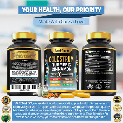 Tenmido Colostrum Supplement - 8in1 Formula - Combine with Turmeric, Ceylon Cinnamon, Quercetin, Royal Jelly, Dandelion, L- Glutamine, and Black Pepper - Digestive Health Support - 120 Capsules - dailyvitalstore