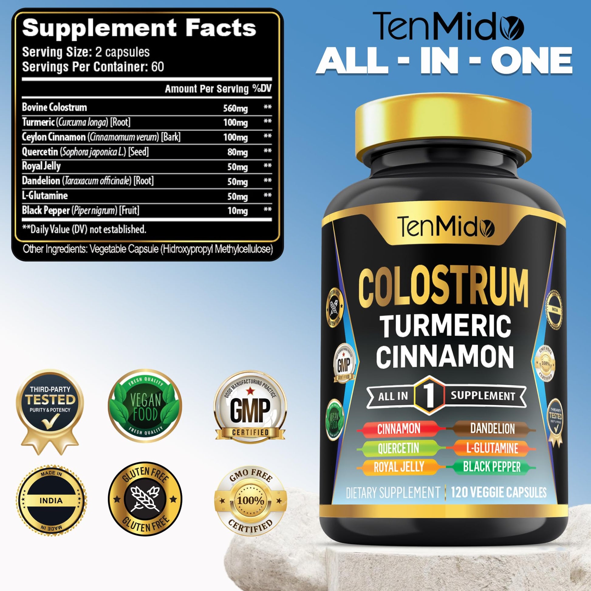 Tenmido Colostrum Supplement - 8in1 Formula - Combine with Turmeric, Ceylon Cinnamon, Quercetin, Royal Jelly, Dandelion, L- Glutamine, and Black Pepper - Digestive Health Support - 120 Capsules - dailyvitalstore