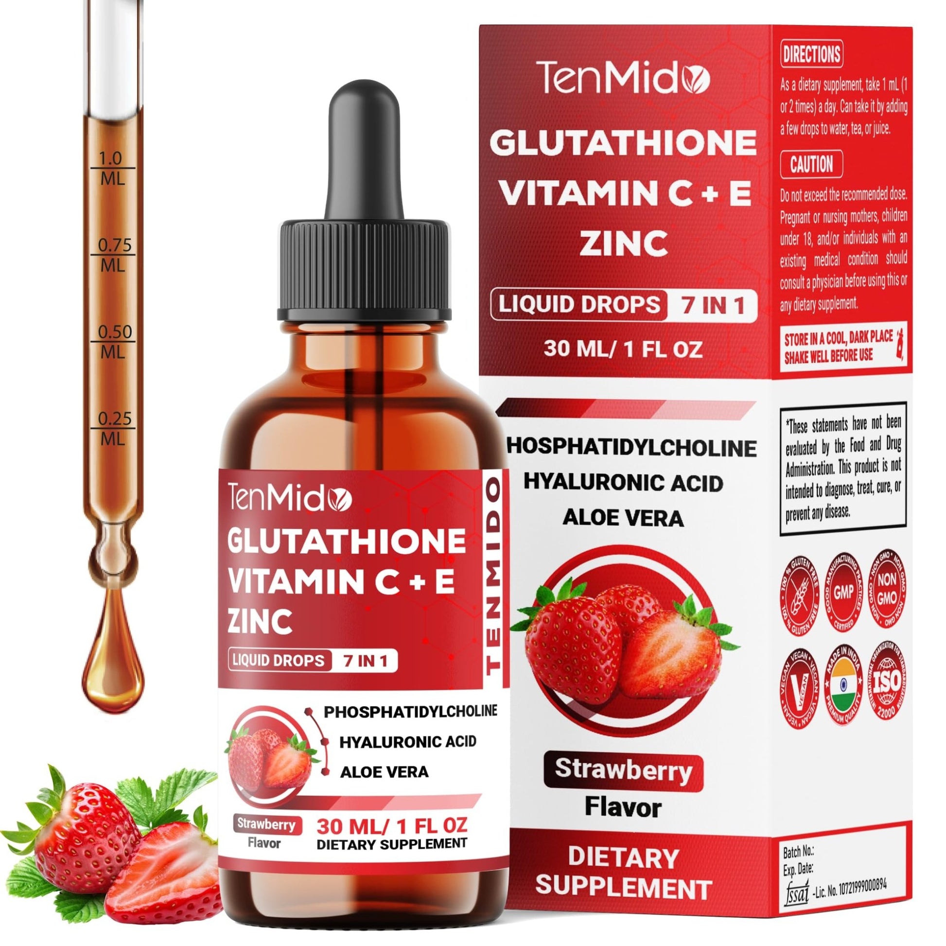 Tenmido Liposomal Glutathione Supplement - 7in1 Liquid Drops with Zinc, Vitamin C, Vitamin E, Phosphatidylcholine, Hyaluronic Acid, and Aloe Vera - Vegan, Non-GMO - 30ml 1 Fl Oz - dailyvitalstore