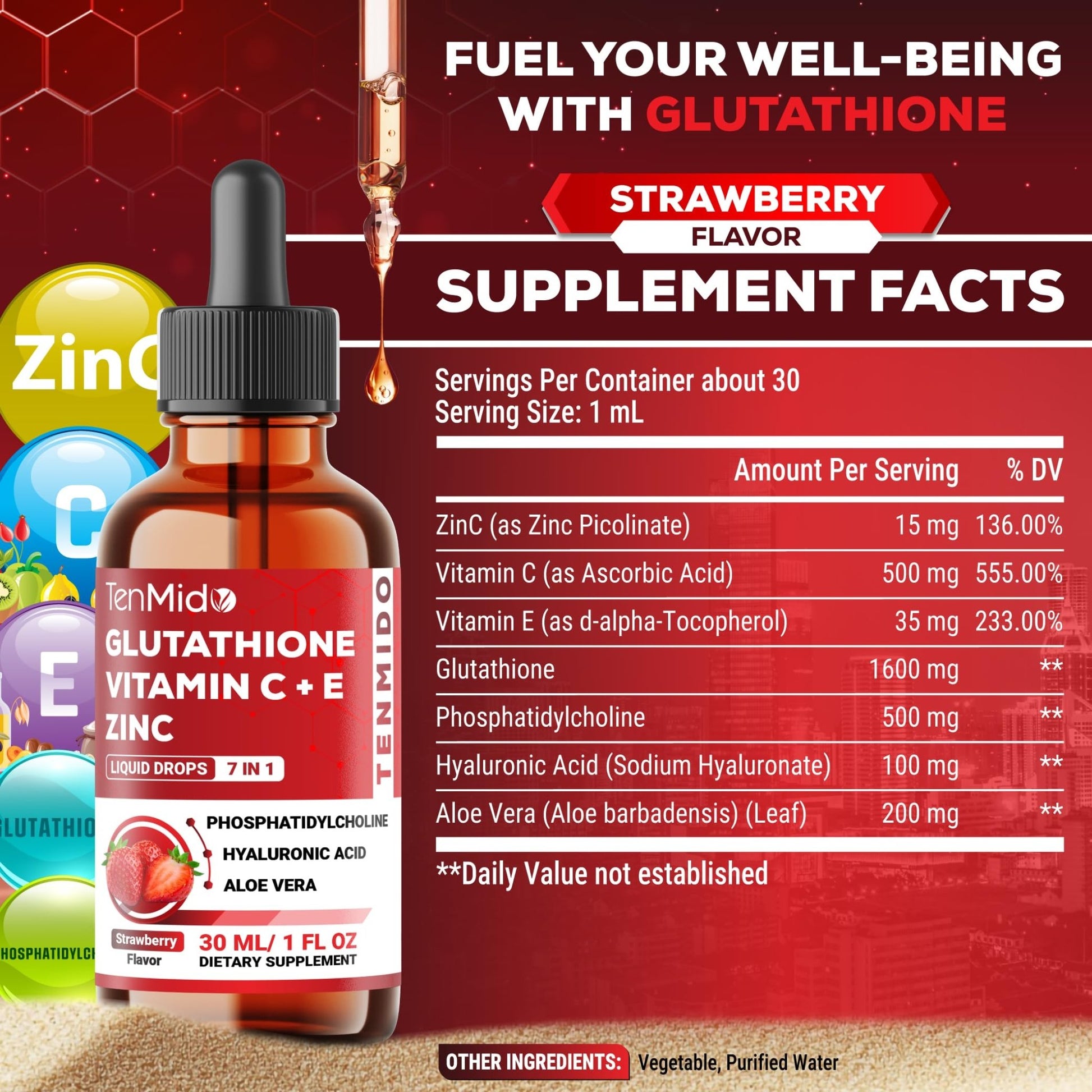 Tenmido Liposomal Glutathione Supplement - 7in1 Liquid Drops with Zinc, Vitamin C, Vitamin E, Phosphatidylcholine, Hyaluronic Acid, and Aloe Vera - Vegan, Non-GMO - 30ml 1 Fl Oz - dailyvitalstore