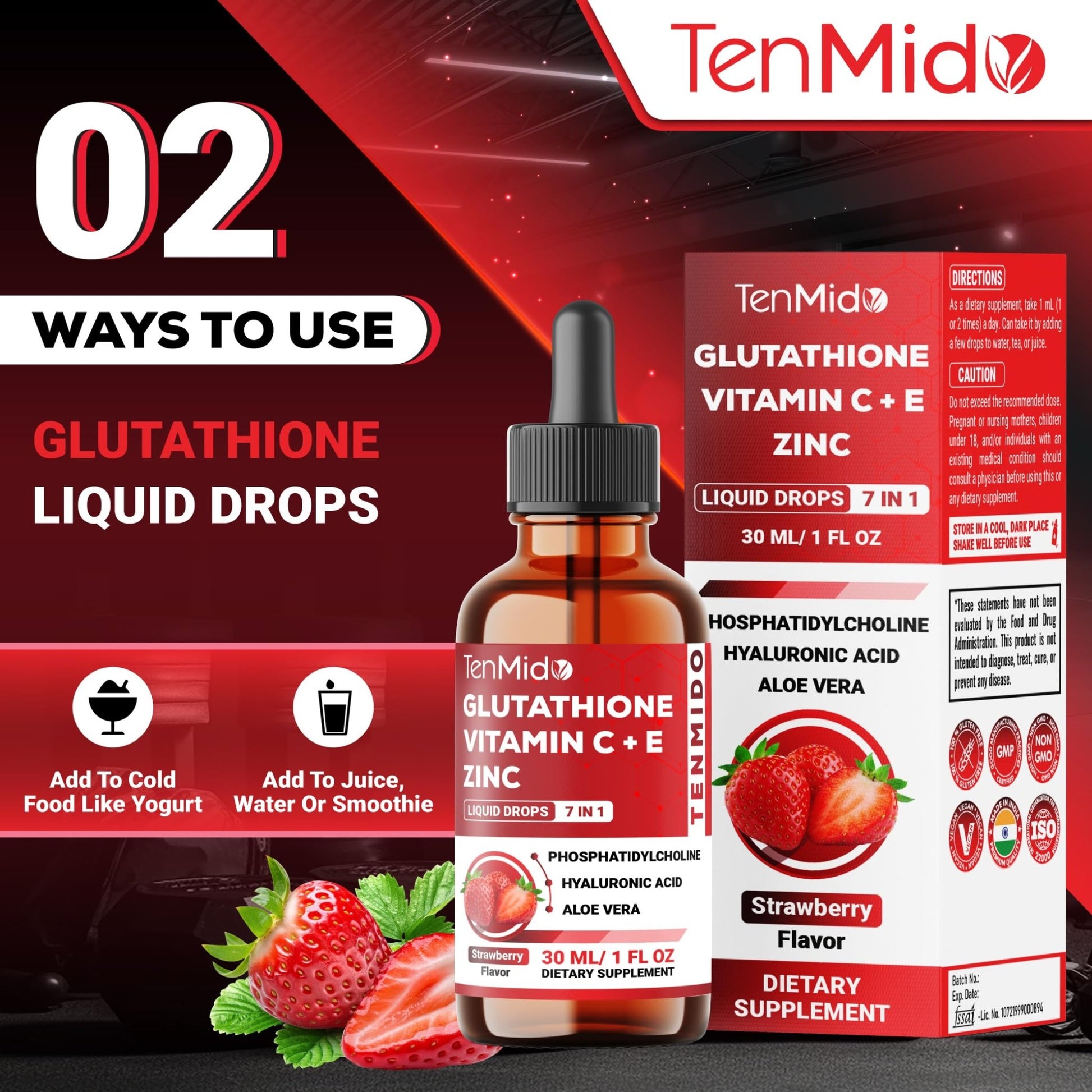 Tenmido Liposomal Glutathione Supplement - 7in1 Liquid Drops with Zinc, Vitamin C, Vitamin E, Phosphatidylcholine, Hyaluronic Acid, and Aloe Vera - Vegan, Non-GMO - 30ml 1 Fl Oz - dailyvitalstore