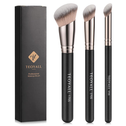 TEOYALL Foundation Contour Conceal Brush Set, 3PCS Angled Synthetic Kabuki Brush for Blending Setting Buffing with Liquid, Cream and Powder Cosmetic (170S/270S/370S) - dailyvitalstore