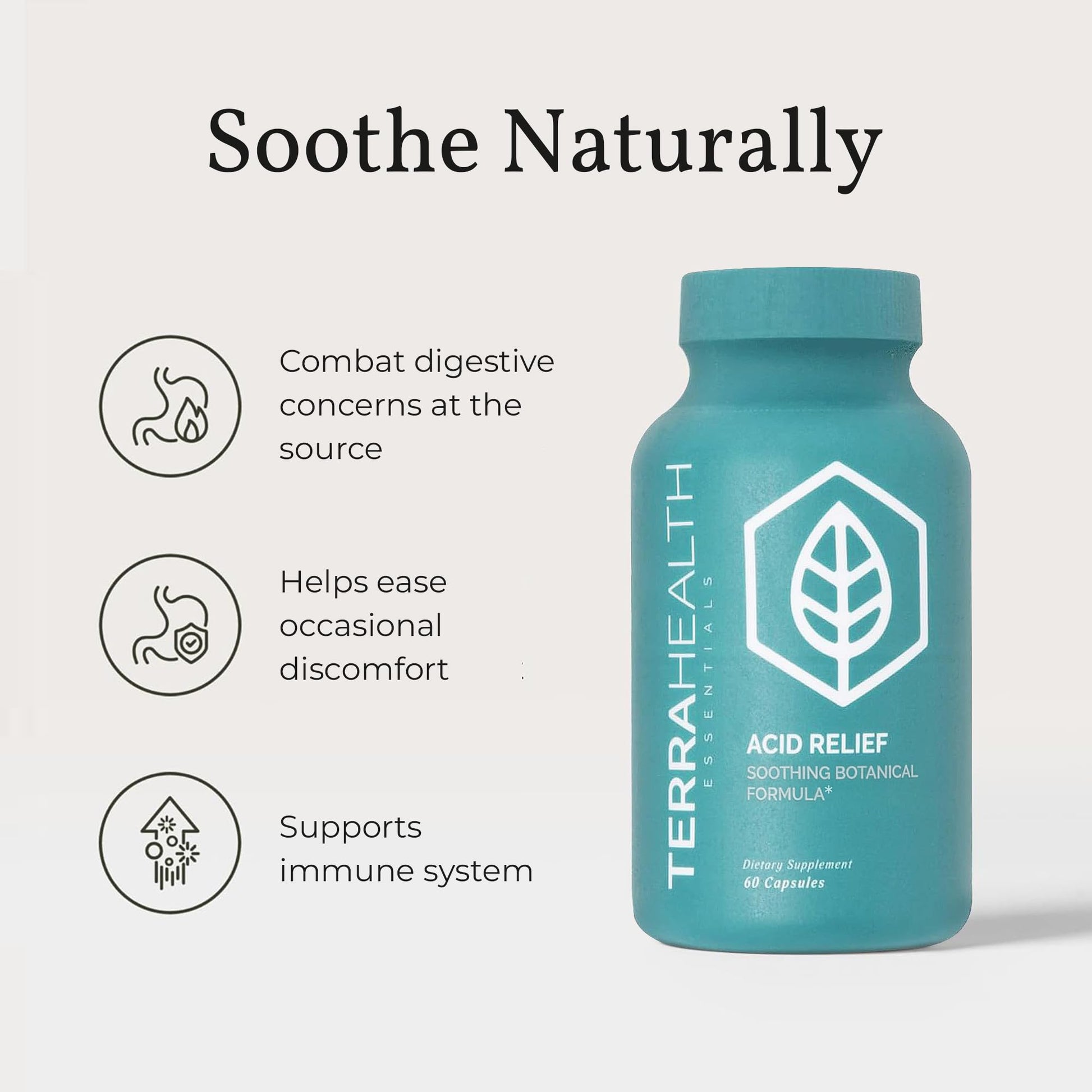 Terra Health Essentials Acid Relief - Plant Based Digestive Support Supplement for Comfortable Gut Function - Lemon Balm, Slippery Elm, Aloe Vera, DGL Licorice - 60 Capsules - dailyvitalstore