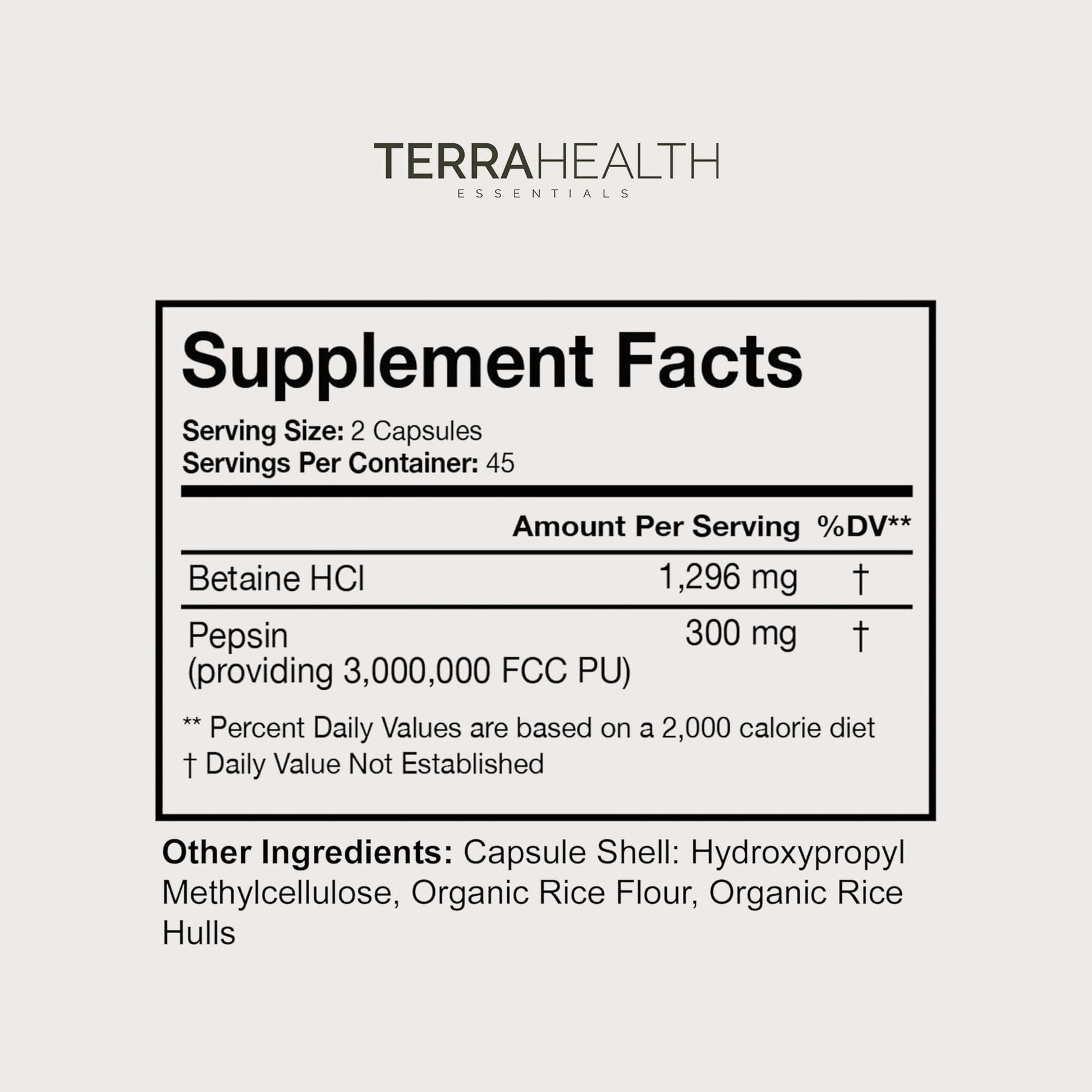 Terra Health Essentials Reflux Inhibitor - Digestive Supplement for Stomach Comfort, Acid Balance & Nutrient Absorption - Betaine HCL with Pepsin - dailyvitalstore