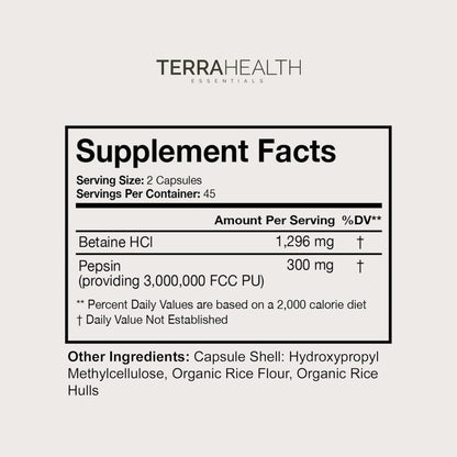 Terra Health Essentials Reflux Inhibitor - Digestive Supplement for Stomach Comfort, Acid Balance & Nutrient Absorption - Betaine HCL with Pepsin - dailyvitalstore