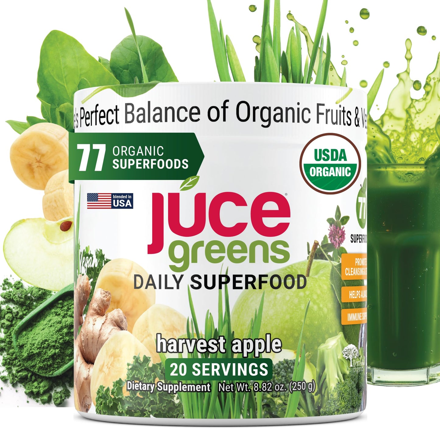Terra Kai Organics JUCE Green Superfood Powder, Organic Fruits and Veggies Supplement W/ 77 Superfoods Plus Prebiotic Probiotic Blend, Harvest Apple Flavor - 20 Servings (250 g) - dailyvitalstore