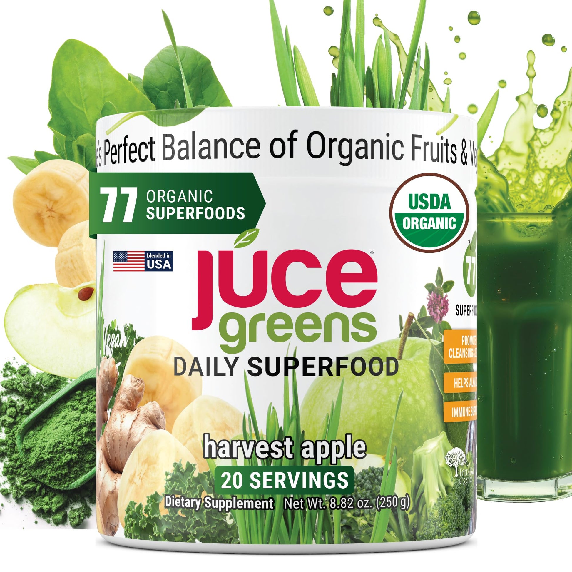 Terra Kai Organics JUCE Green Superfood Powder, Organic Fruits and Veggies Supplement W/ 77 Superfoods Plus Prebiotic Probiotic Blend, Harvest Apple Flavor - 20 Servings (250 g) - dailyvitalstore
