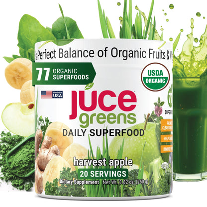 Terra Kai Organics JUCE Green Superfood Powder, Organic Fruits and Veggies Supplement W/ 77 Superfoods Plus Prebiotic Probiotic Blend, Harvest Apple Flavor - 20 Servings (250 g) - dailyvitalstore