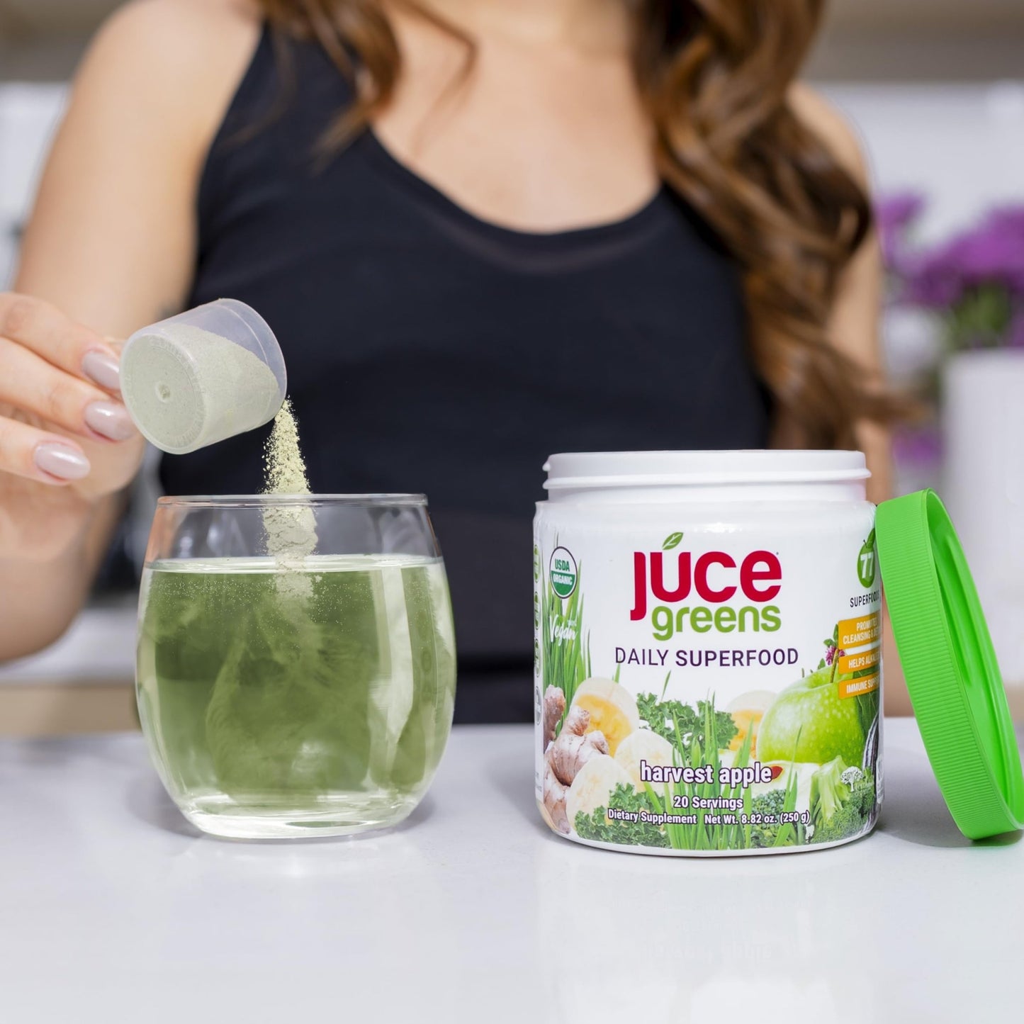 Terra Kai Organics JUCE Green Superfood Powder, Organic Fruits and Veggies Supplement W/ 77 Superfoods Plus Prebiotic Probiotic Blend, Harvest Apple Flavor - 20 Servings (250 g) - dailyvitalstore