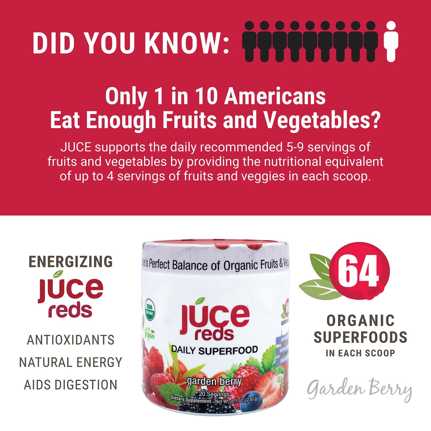 Terra Kai Organics JUCE Reds Organic Superfood Powder - Garden Berry Flavor | Fruit & Veggie Powder for Everyone w/64 Immune Boosting Superfood Plus Probiotics for Gut Health | 20 Servings (230g) - dailyvitalstore