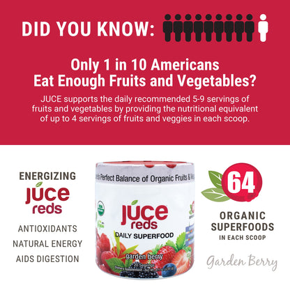 Terra Kai Organics JUCE Reds Organic Superfood Powder - Garden Berry Flavor | Fruit & Veggie Powder for Everyone w/64 Immune Boosting Superfood Plus Probiotics for Gut Health | 20 Servings (230g) - dailyvitalstore