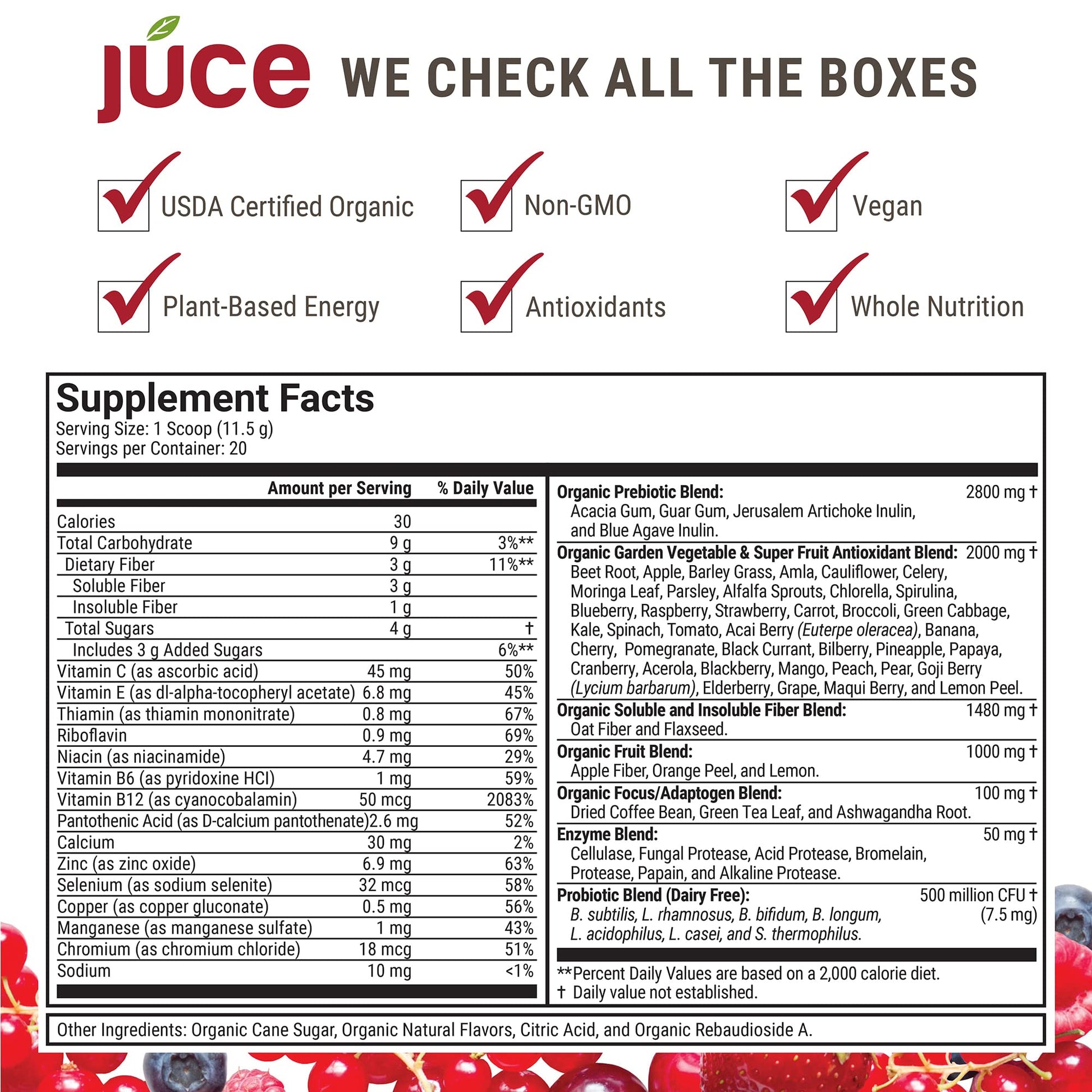 Terra Kai Organics JUCE Reds Organic Superfood Powder - Garden Berry Flavor | Fruit & Veggie Powder for Everyone w/64 Immune Boosting Superfood Plus Probiotics for Gut Health | 20 Servings (230g) - dailyvitalstore