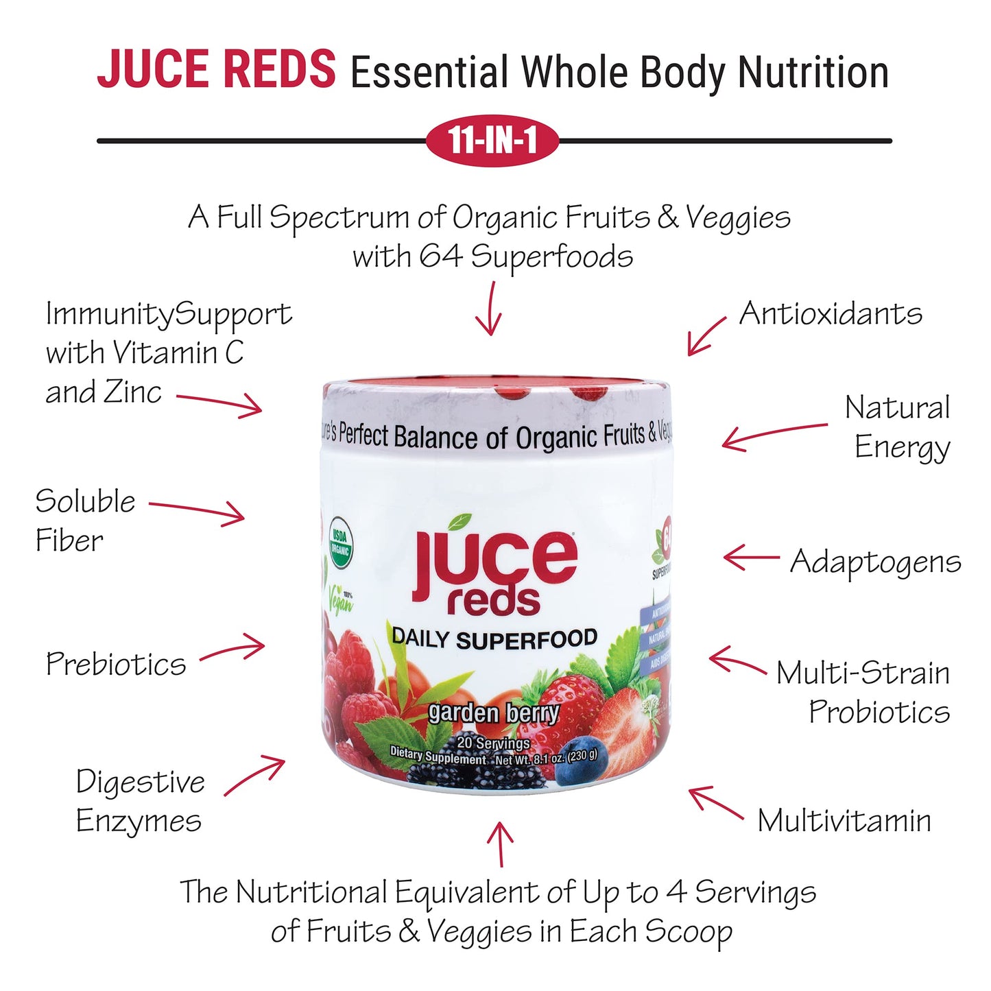 Terra Kai Organics JUCE Reds Organic Superfood Powder - Garden Berry Flavor | Fruit & Veggie Powder for Everyone w/64 Immune Boosting Superfood Plus Probiotics for Gut Health | 20 Servings (230g) - dailyvitalstore