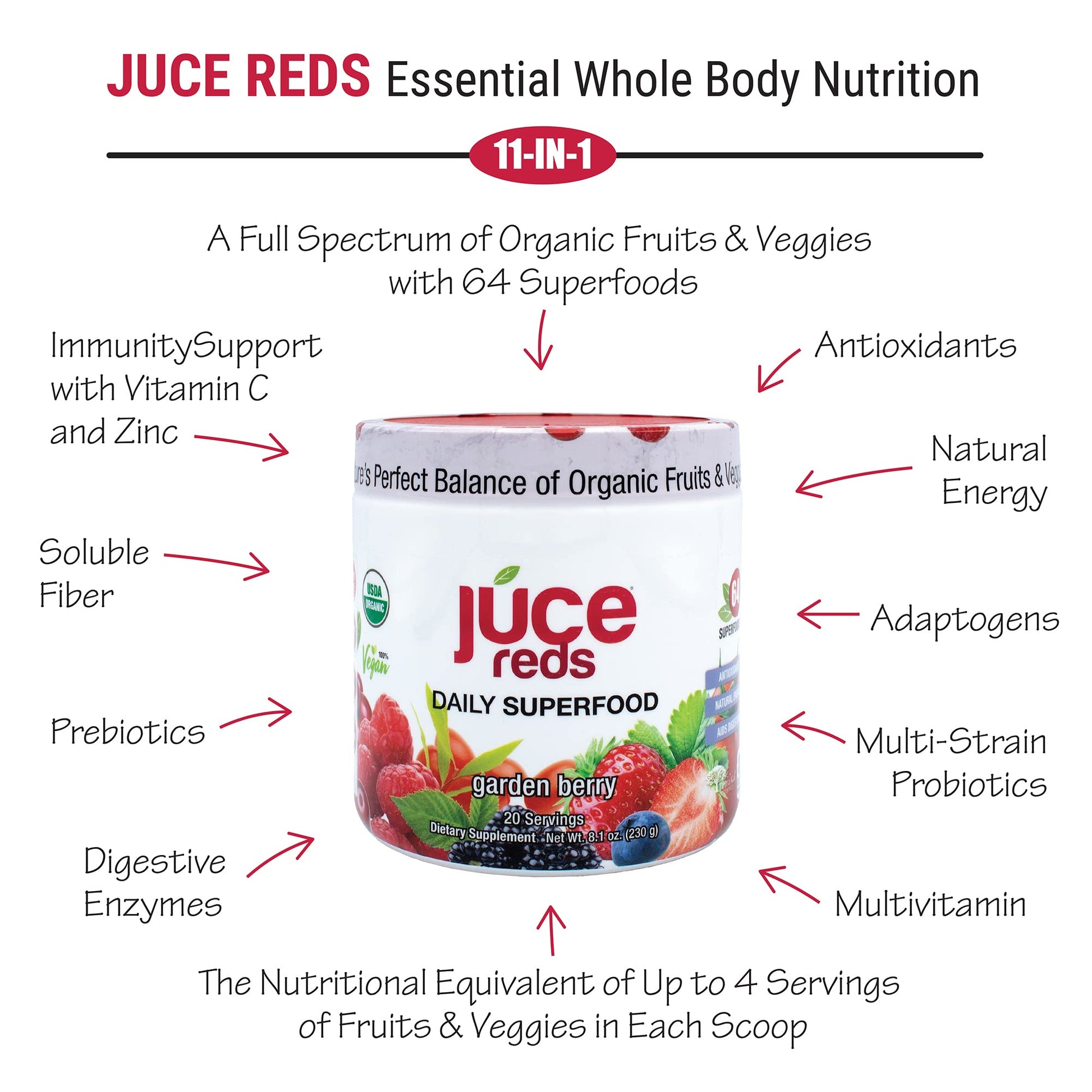 Terra Kai Organics JUCE Reds Organic Superfood Powder - Garden Berry Flavor | Fruit & Veggie Powder for Everyone w/64 Immune Boosting Superfood Plus Probiotics for Gut Health | 20 Servings (230g) - dailyvitalstore