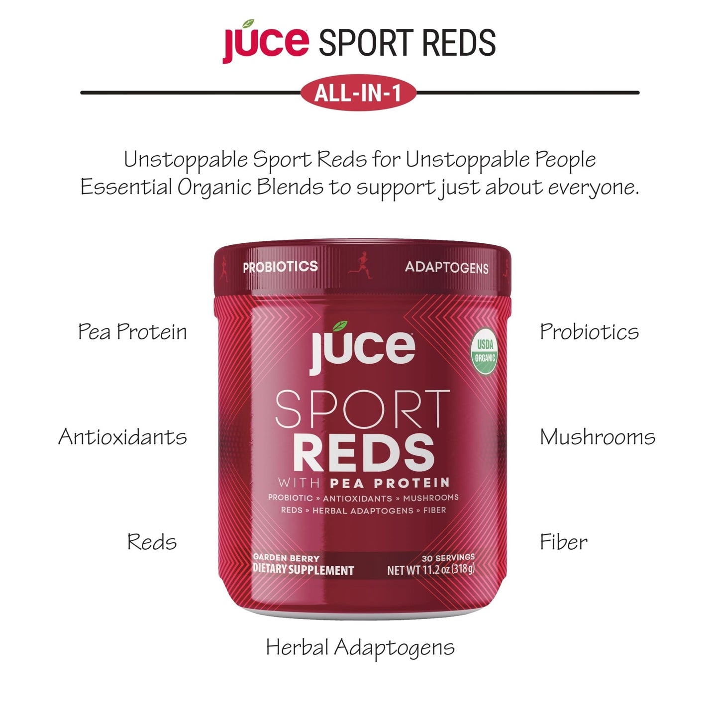 Terra Kai Organics Juce SR7 Sport Reds Organic Fruit & Veggies w/Pea Protein | 43 Superfoods, Antioxidants, Mushrooms, Beets, Herbal Adaptogens, Probiotic, Fiber, Garden Berry Flavor (30 Servings) - dailyvitalstore