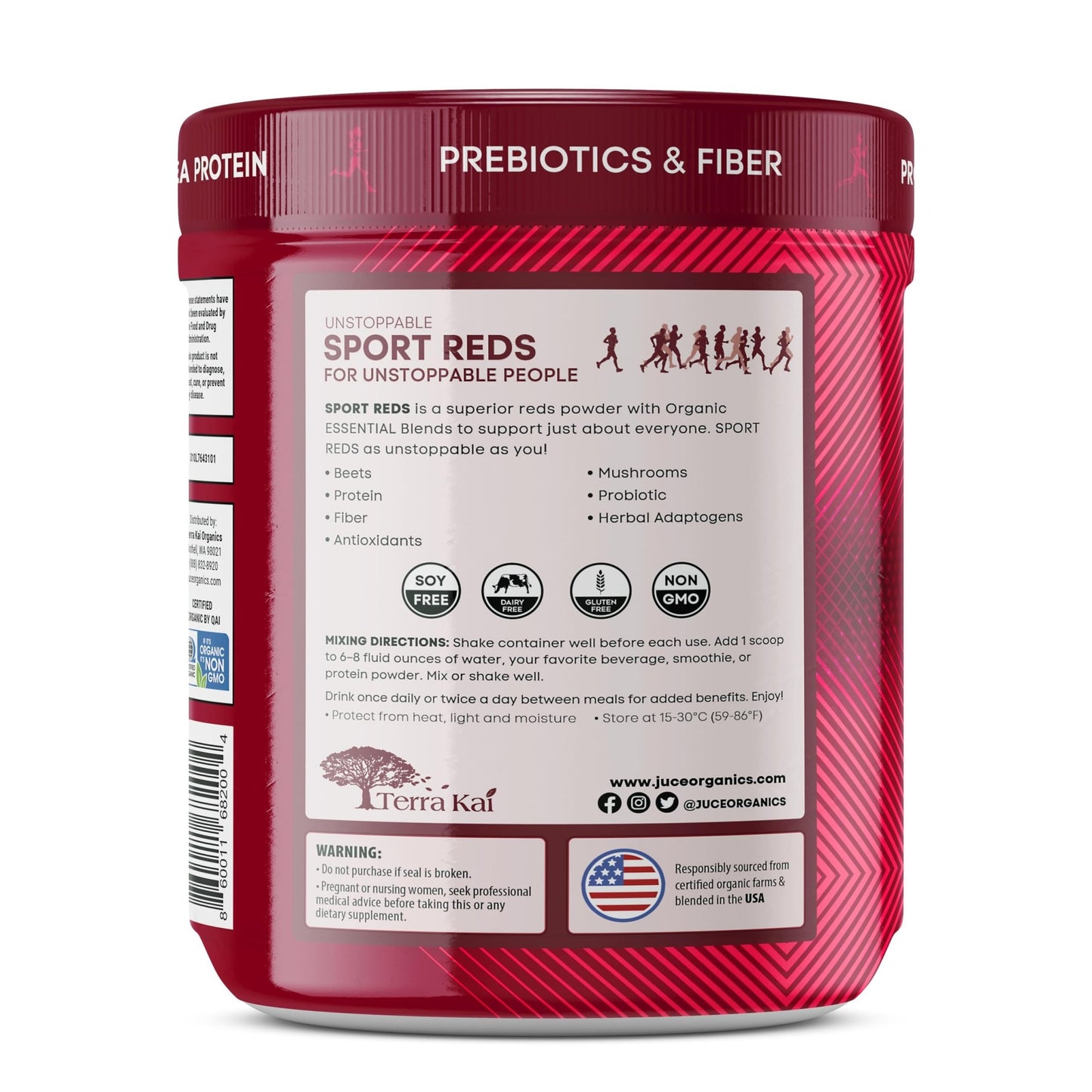 Terra Kai Organics Juce SR7 Sport Reds Organic Fruit & Veggies w/Pea Protein | 43 Superfoods, Antioxidants, Mushrooms, Beets, Herbal Adaptogens, Probiotic, Fiber, Garden Berry Flavor (30 Servings) - dailyvitalstore