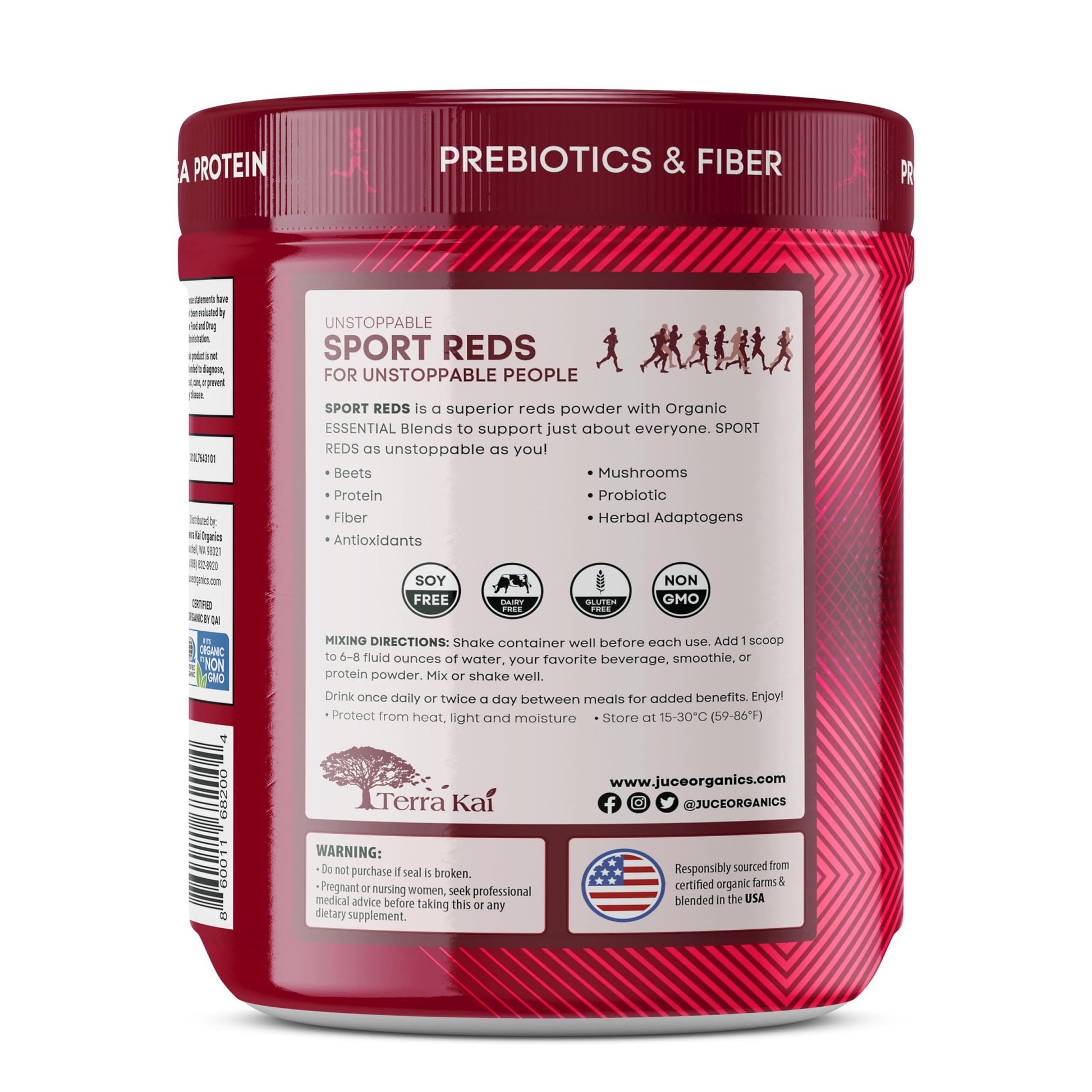 Terra Kai Organics Juce SR7 Sport Reds Organic Fruit & Veggies w/Pea Protein | 43 Superfoods, Antioxidants, Mushrooms, Beets, Herbal Adaptogens, Probiotic, Fiber, Garden Berry Flavor (30 Servings) - dailyvitalstore