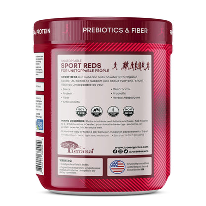 Terra Kai Organics Juce SR7 Sport Reds Organic Fruit & Veggies w/Pea Protein | 43 Superfoods, Antioxidants, Mushrooms, Beets, Herbal Adaptogens, Probiotic, Fiber, Garden Berry Flavor (30 Servings) - dailyvitalstore