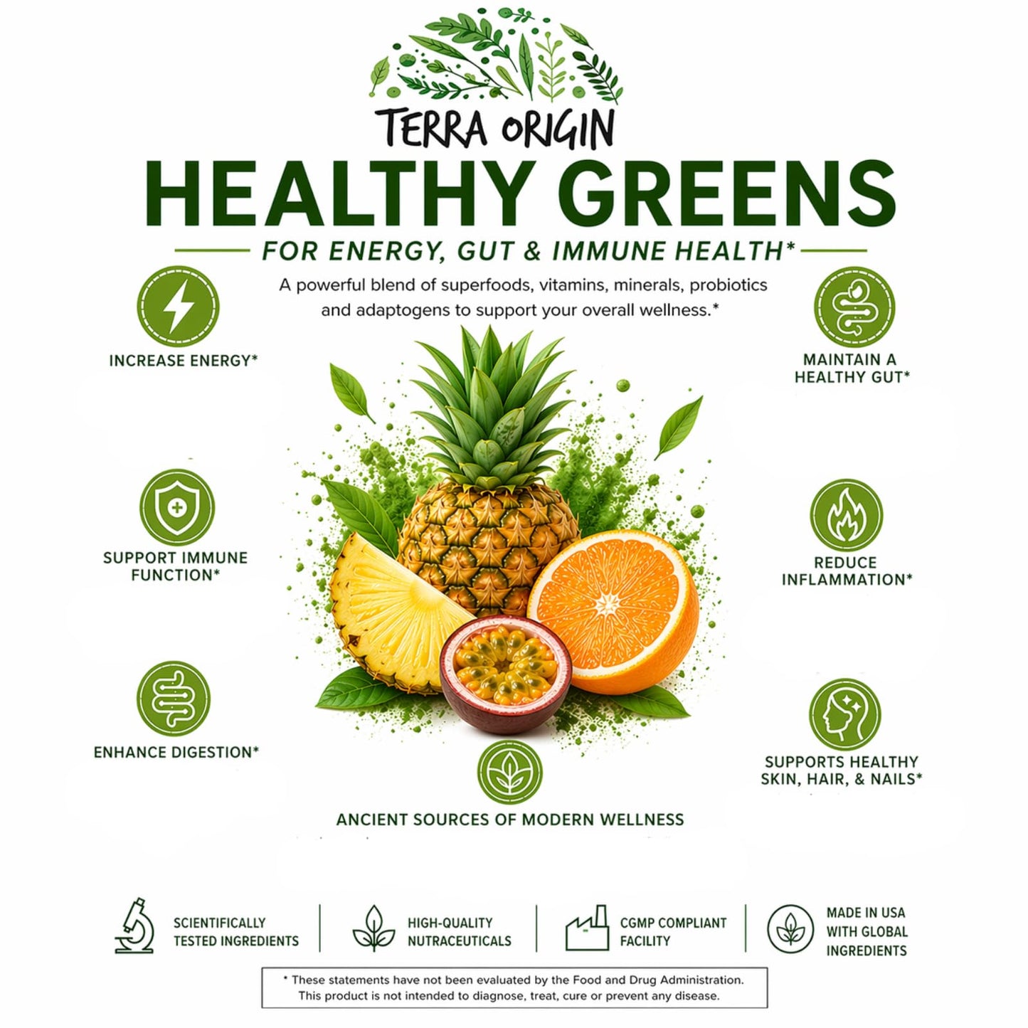 TERRA ORIGIN Healthy Greens Powder Supplement | Superfood Digestive Enzyme & Probiotic Blends | Immune, Gut, and Digestive Support for Women - dailyvitalstore