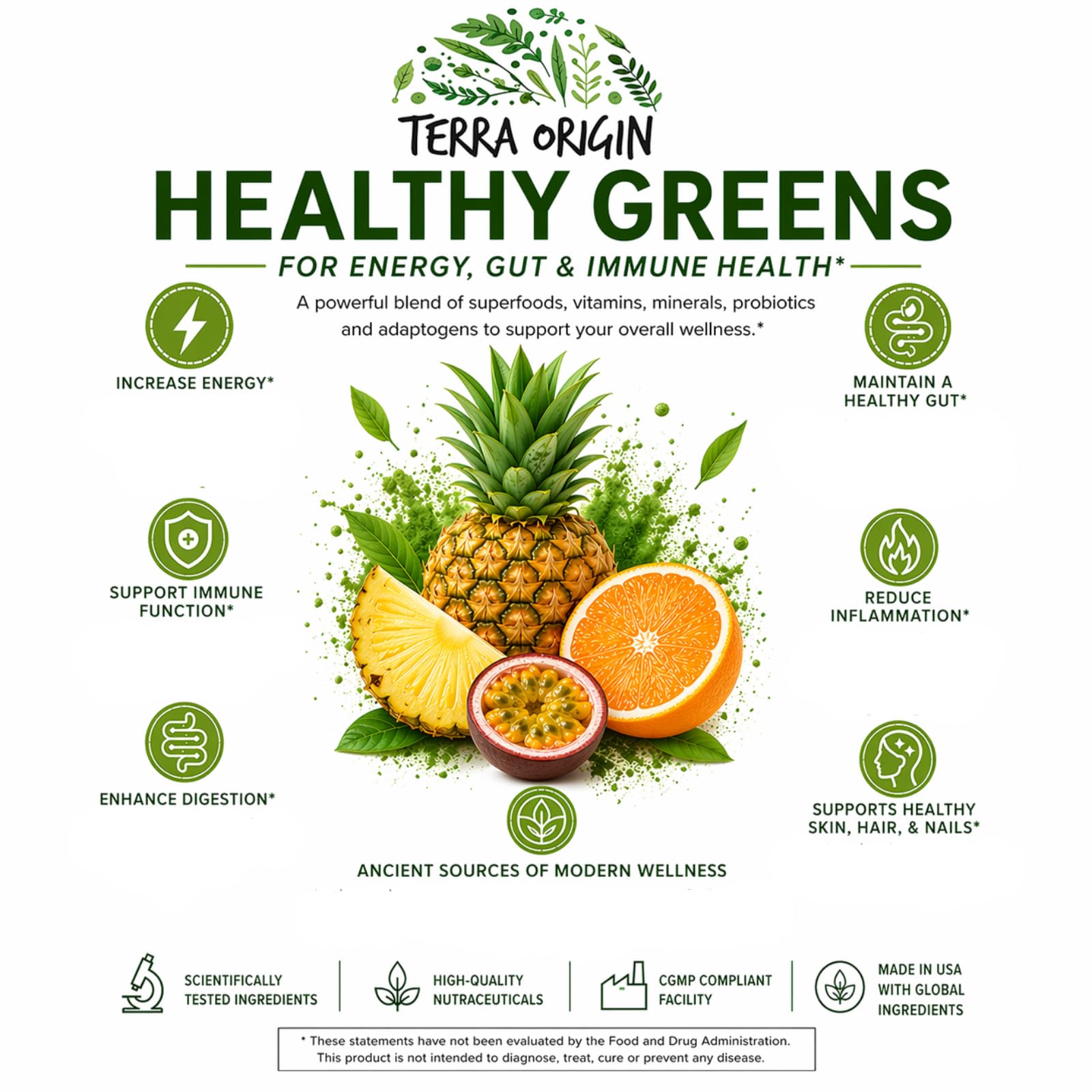 TERRA ORIGIN Healthy Greens Powder Supplement | Superfood Digestive Enzyme & Probiotic Blends | Immune, Gut, and Digestive Support for Women - dailyvitalstore