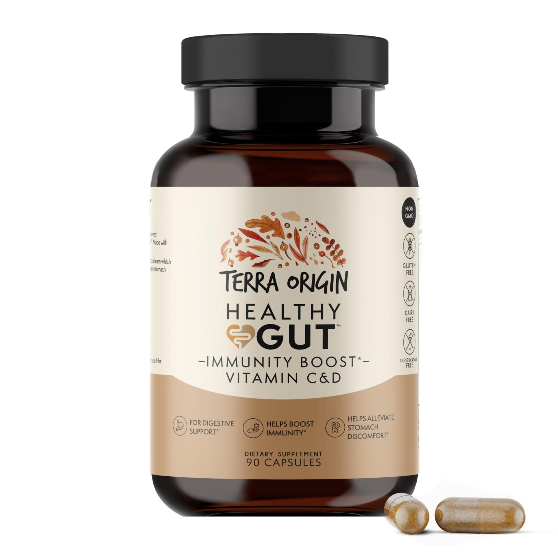 TERRA ORIGIN Healthy Gut Capsules with Immunity Boost | 90 Capsules | Non GMO, Gluten Free, Dairy Free | Digestive Support for Men and Women - dailyvitalstore