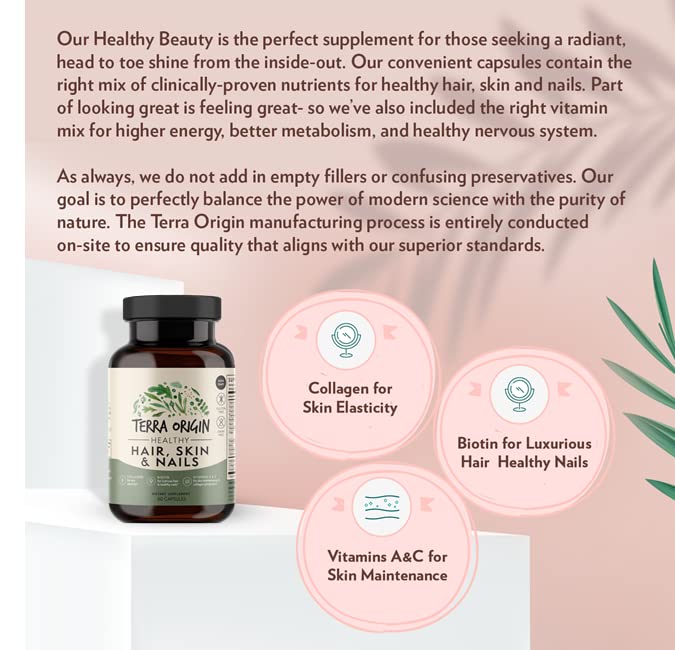 TERRA ORIGIN Healthy Hair, Skin and Nails Supplement | Collagen, Biotin, Horsetail & B-Complex | Supports Hair Strength, Skin Elasticity & Nail Growth | Vitamins for Women and Men | 60 Capsules - dailyvitalstore