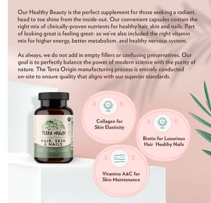 TERRA ORIGIN Healthy Hair, Skin and Nails Supplement | Collagen, Biotin, Horsetail & B-Complex | Supports Hair Strength, Skin Elasticity & Nail Growth | Vitamins for Women and Men | 60 Capsules - dailyvitalstore
