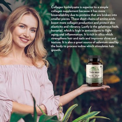 TERRA ORIGIN Healthy Hair, Skin and Nails Supplement | Collagen, Biotin, Horsetail & B-Complex | Supports Hair Strength, Skin Elasticity & Nail Growth | Vitamins for Women and Men | 60 Capsules - dailyvitalstore
