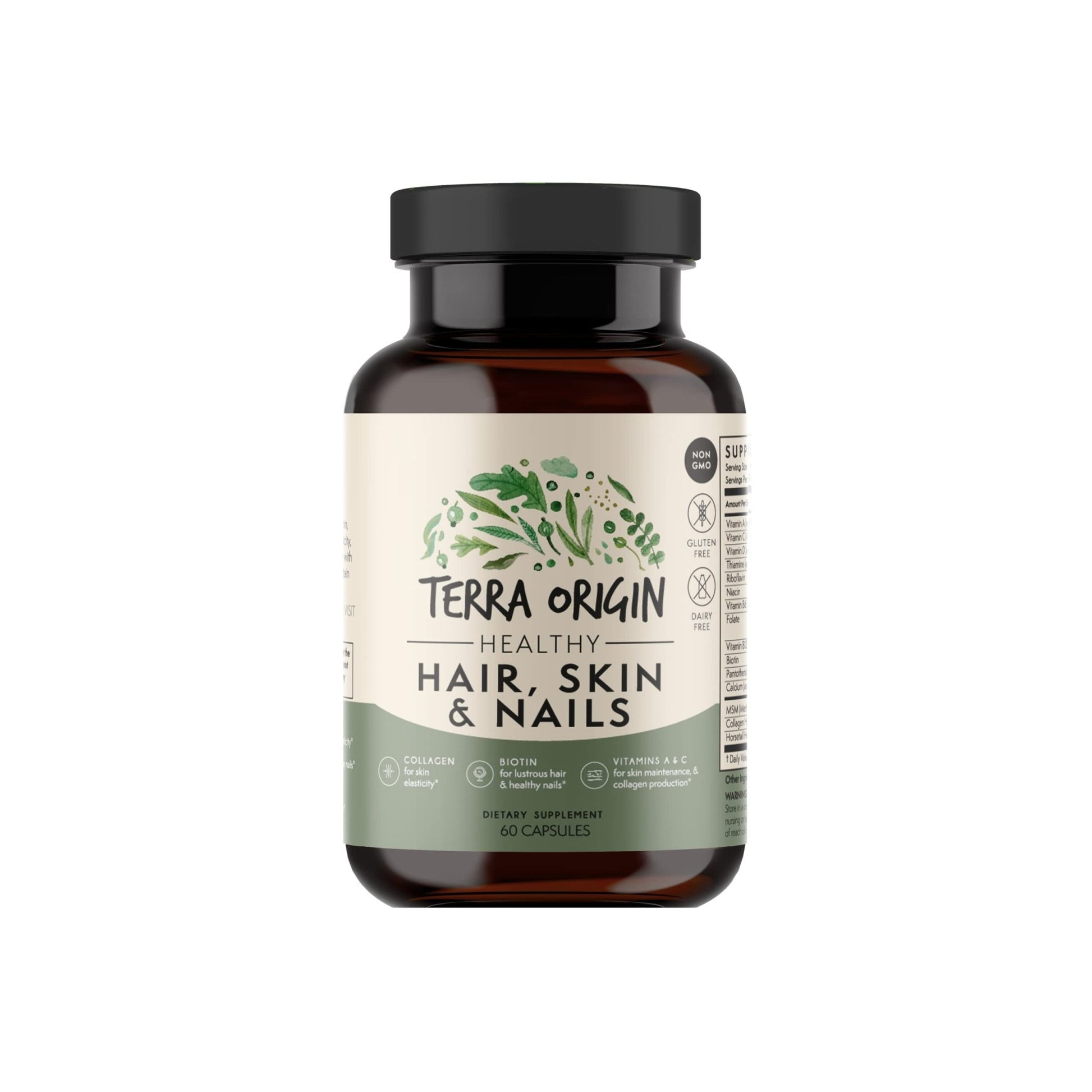 TERRA ORIGIN Healthy Hair, Skin and Nails Supplement | Collagen, Biotin, Horsetail & B-Complex | Supports Hair Strength, Skin Elasticity & Nail Growth | Vitamins for Women and Men | 60 Capsules - dailyvitalstore