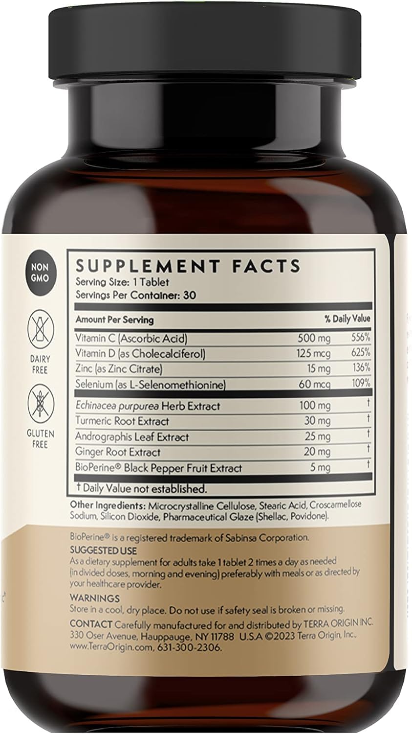 TERRA ORIGIN Immune Support Supplement | 60 Tablets | Immune System Booster for Adults* | BioPerine, Vitamin C, D, Zinc, Echinacea | Non GMO, Gluten Free, Dairy Free, Made in USA - dailyvitalstore