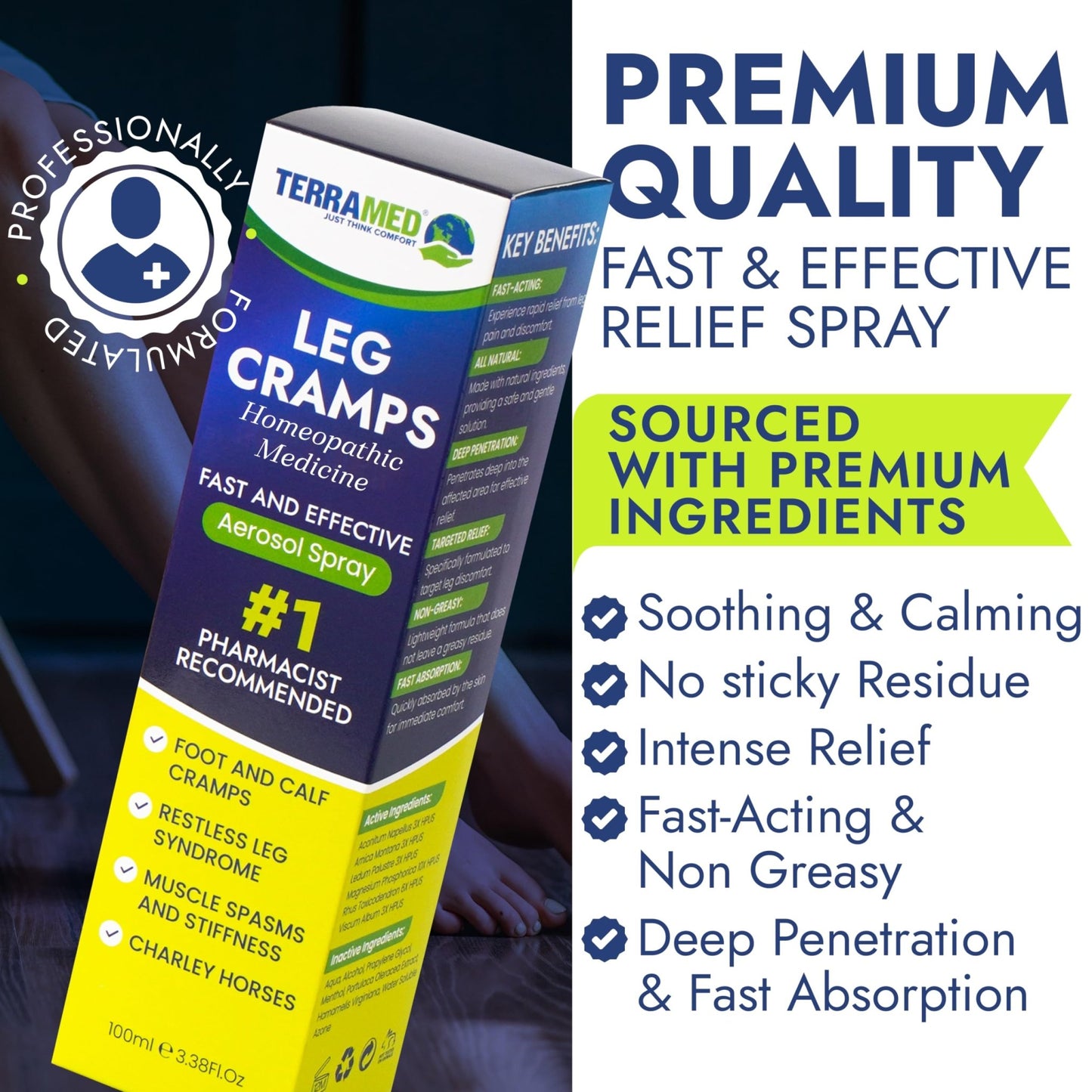 Terramed Just Think Comfort Fast Acting Leg Cramp Relief Aerosol Spray | Pain Relief for Muscle Spasms, Soreness, & Foot and Calf Cramps | Homeopathic Medicine for Restless Legs Syndrome Relief - dailyvitalstore