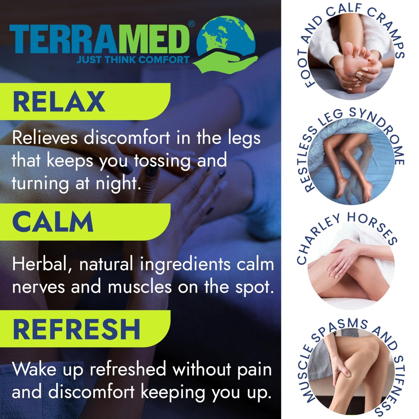 Terramed Just Think Comfort Fast Acting Leg Cramp Relief Aerosol Spray | Pain Relief for Muscle Spasms, Soreness, & Foot and Calf Cramps | Homeopathic Medicine for Restless Legs Syndrome Relief - dailyvitalstore