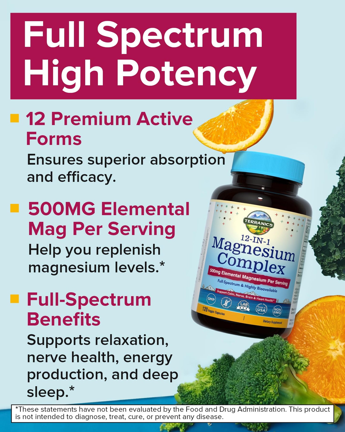 Terranics 12-in-1 Magnesium Complex 500mg, High Absorption Chelated Magnesium Glycinate, Citrate, Malate, Taurate, Orotate & More, for Sleep, Calm, Energy, Heart, Vegan, Non-GMO,120 Capsules - dailyvitalstore