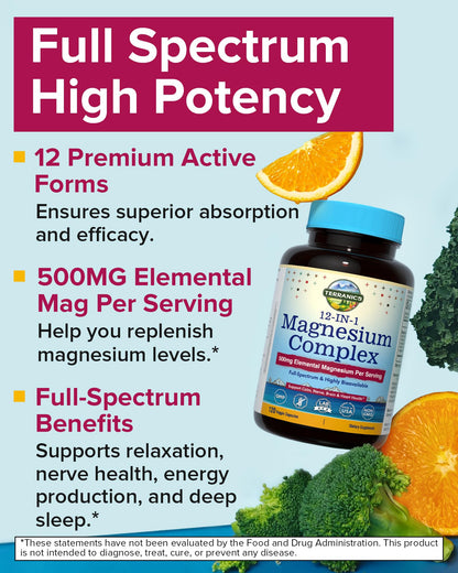 Terranics 12-in-1 Magnesium Complex 500mg, High Absorption Chelated Magnesium Glycinate, Citrate, Malate, Taurate, Orotate & More, for Sleep, Calm, Energy, Heart, Vegan, Non-GMO,120 Capsules - dailyvitalstore