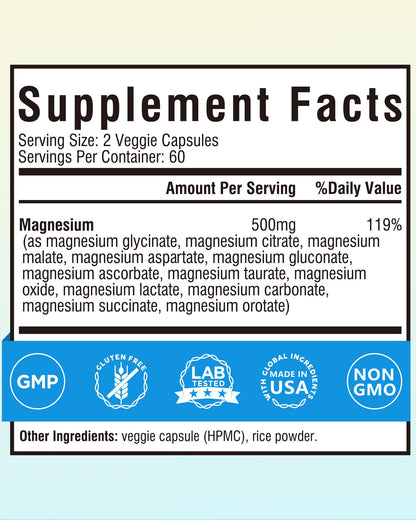 Terranics 12-in-1 Magnesium Complex 500mg, High Absorption Chelated Magnesium Glycinate, Citrate, Malate, Taurate, Orotate & More, for Sleep, Calm, Energy, Heart, Vegan, Non-GMO,120 Capsules - dailyvitalstore
