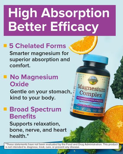 Terranics 5-in-1 Magnesium Complex Supplement 500mg - 5 Forms High Absorption Magnesium Glycinate Citrate Malate Aspartate Gluconate for Sleep Heart Health - Non-GMO 120 Vegan Capsules - dailyvitalstore