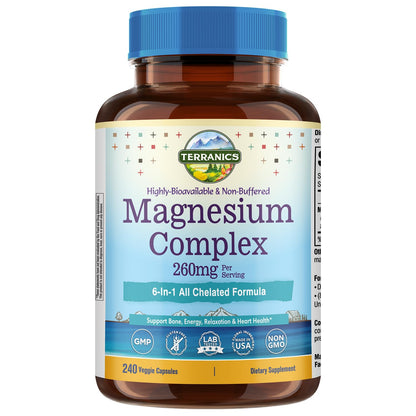 Terranics Magnesium Complex, 6-in-1, High Absorption, Glycinate, Citrate, Aspartate, Gluconate, Calmness, Heart, Bone, 240 Capsules, Non-Buffered - dailyvitalstore