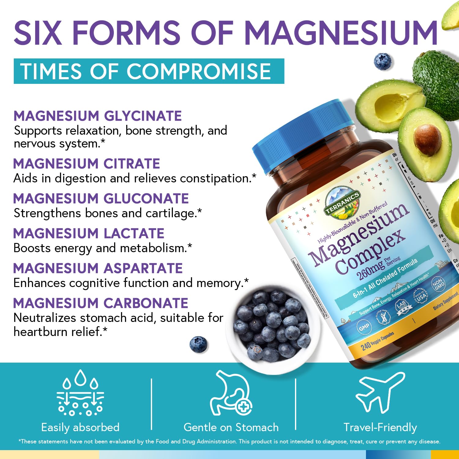 Terranics Magnesium Complex, 6-in-1, High Absorption, Glycinate, Citrate, Aspartate, Gluconate, Calmness, Heart, Bone, 240 Capsules, Non-Buffered - dailyvitalstore