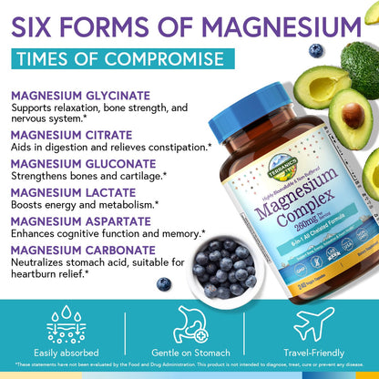Terranics Magnesium Complex, 6-in-1, High Absorption, Glycinate, Citrate, Aspartate, Gluconate, Calmness, Heart, Bone, 240 Capsules, Non-Buffered - dailyvitalstore
