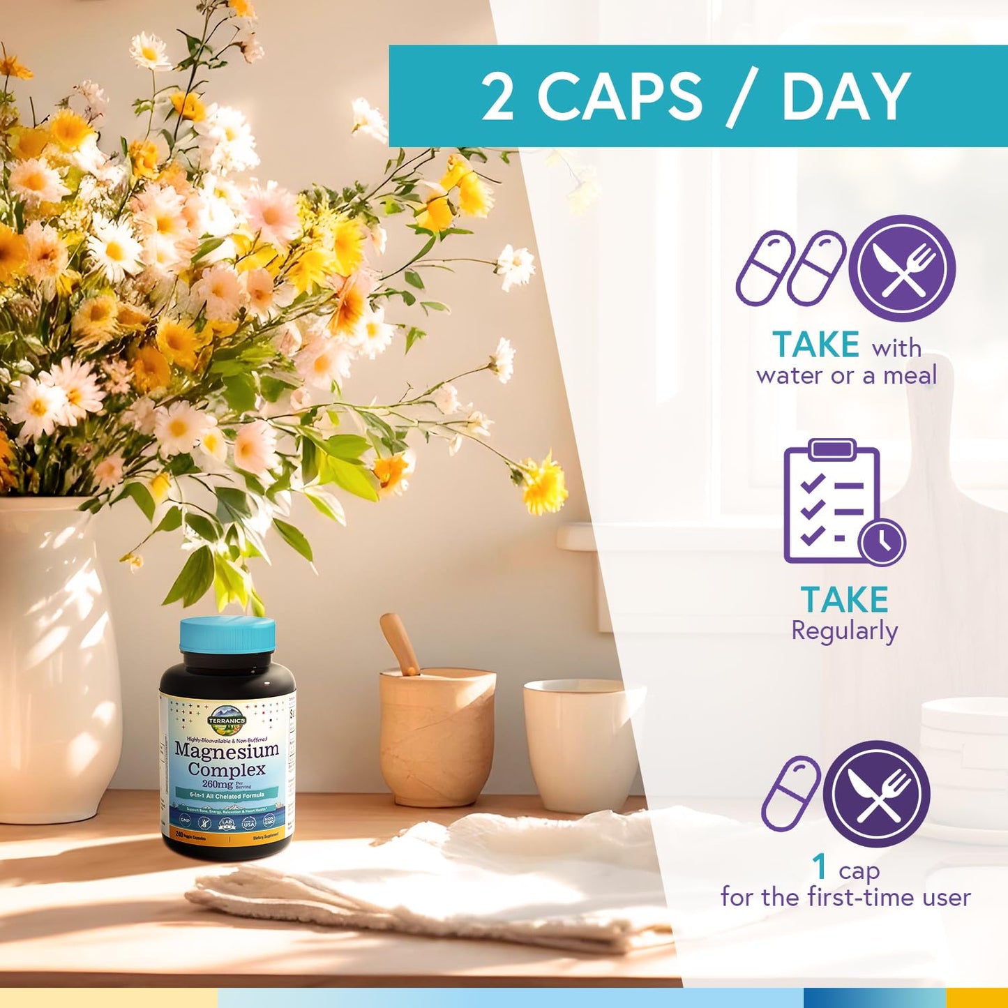 Terranics Magnesium Complex, 6-in-1, High Absorption, Glycinate, Citrate, Aspartate, Gluconate, Calmness, Heart, Bone, 240 Capsules, Non-Buffered - dailyvitalstore