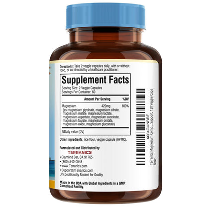 Terranics Magnesium Complex Supplement 420mg, 10-in-1 Full-Spectrum Formula, Glycinate, Citrate, Malate & More, Max Absorption, Bone and Heart Support, 120 Veggie Caps - dailyvitalstore