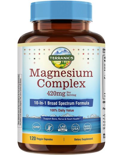 Terranics Magnesium Complex Supplement 420mg, 10-in-1 Full-Spectrum Formula, Glycinate, Citrate, Malate & More, Max Absorption, Bone and Heart Support, 120 Veggie Caps - dailyvitalstore