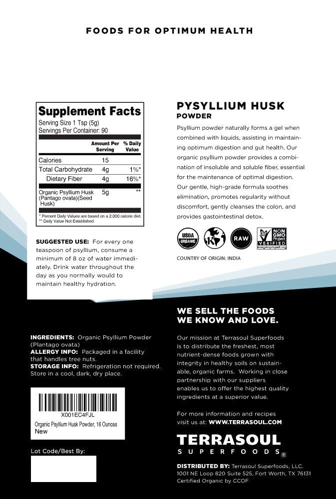 Terrasoul Superfoods Organic Psyllium Husk Powder, 1 Lb - Superfine Texture | 99% Purity | Perfect for Gluten-Free Baking | No Purple Breads - dailyvitalstore