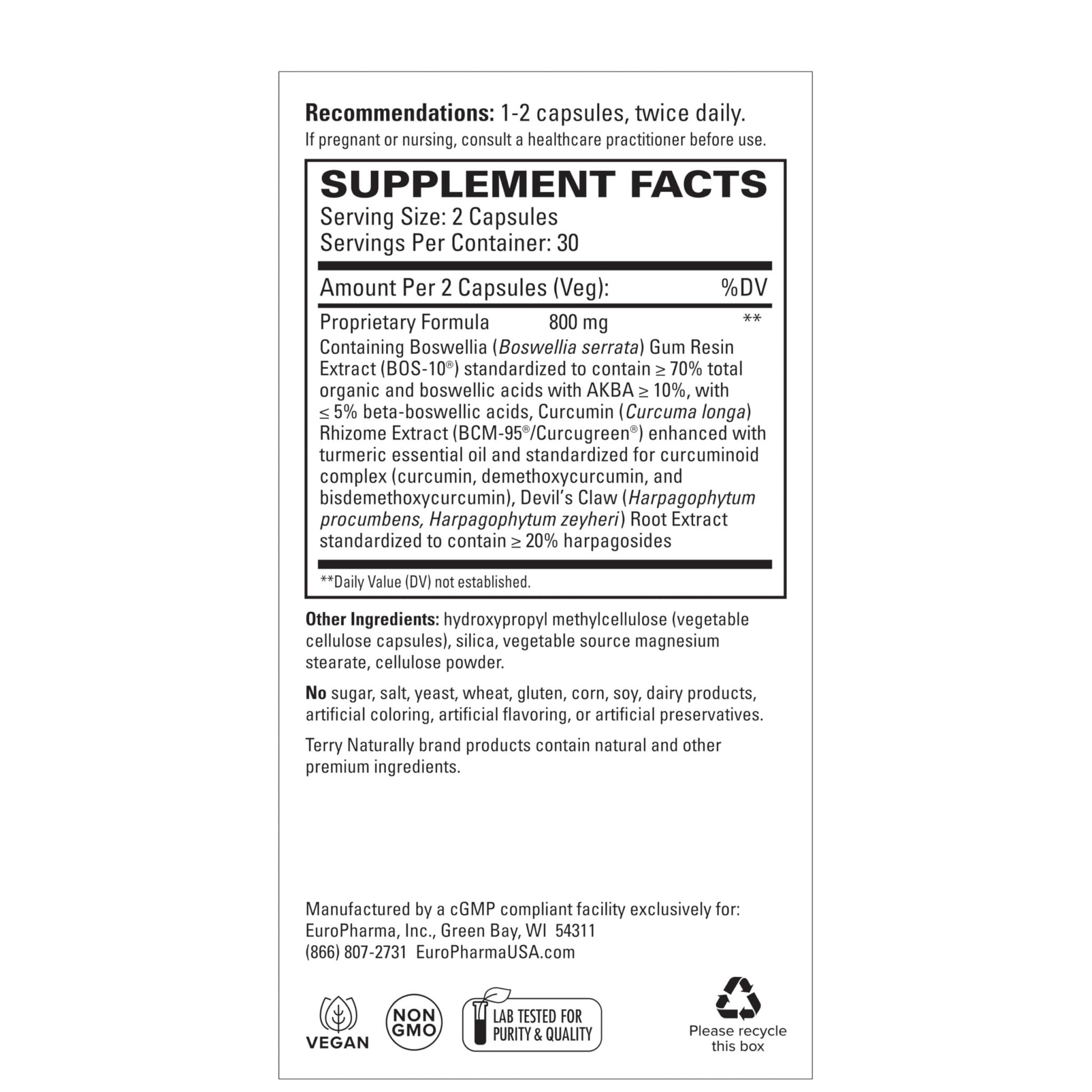 Terry Naturally Arthocin - Boswellia Serrata Capsules with Devil's Claw & Curcumin - Supplement to Support Joint & Spine Health - Herbal Supplement Aids Comfort & Absorption - 60 Capsules - dailyvitalstore
