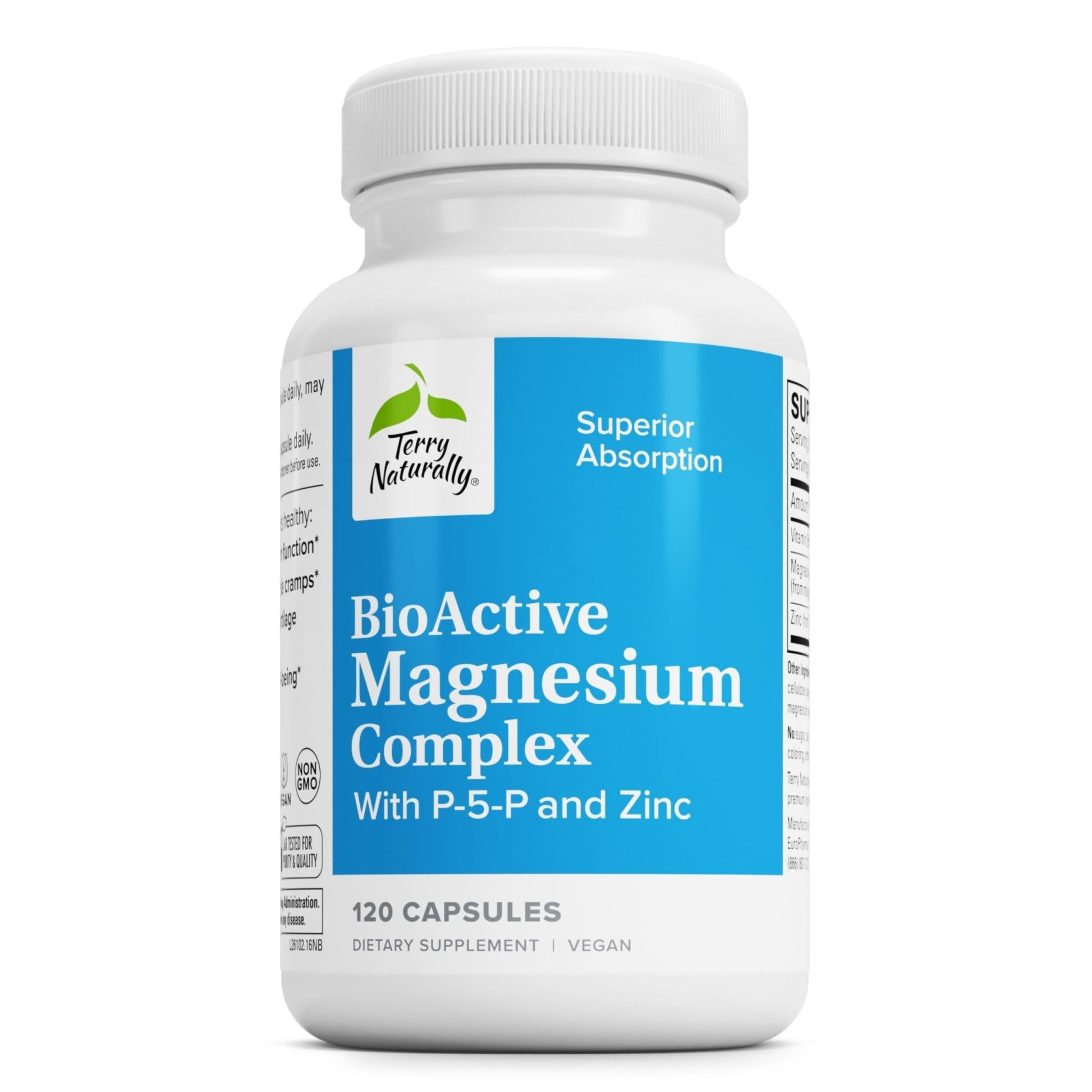 Terry Naturally BioActive Magnesium Complex - Bone & Heart Health Support - Supplement with Vitamin B6, Zinc & Magnesium - Pyridoxal-5-Phosphate Vegan Capsule Supplement - 120 Capsules - dailyvitalstore