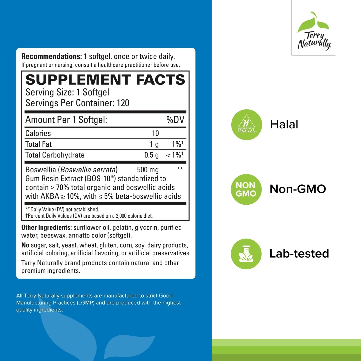 Terry Naturally BosMed 500 Extra Strength - Boswellia Serrata Extract Supplement - Supplement for Healthy Lung Support - Herbal Supplement Formula with High Levels of AKBA - 120 Softgels - dailyvitalstore