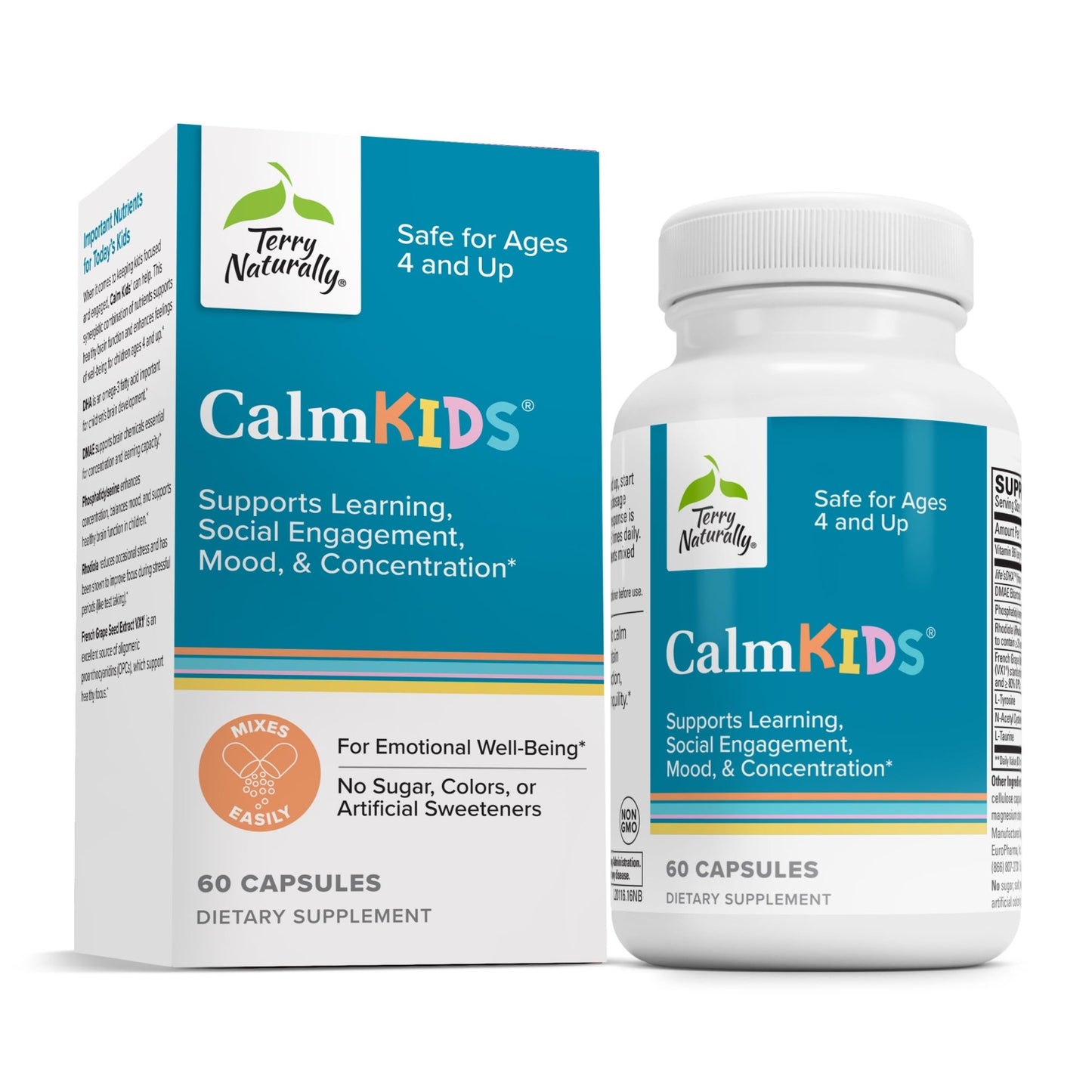 Terry Naturally Calm Kids - Calm Child Supplement - Brain Health for Focus, Memory & Concentration - Attention Supplement for Kids - Support Learning & Concentration - 60 Capsules - dailyvitalstore