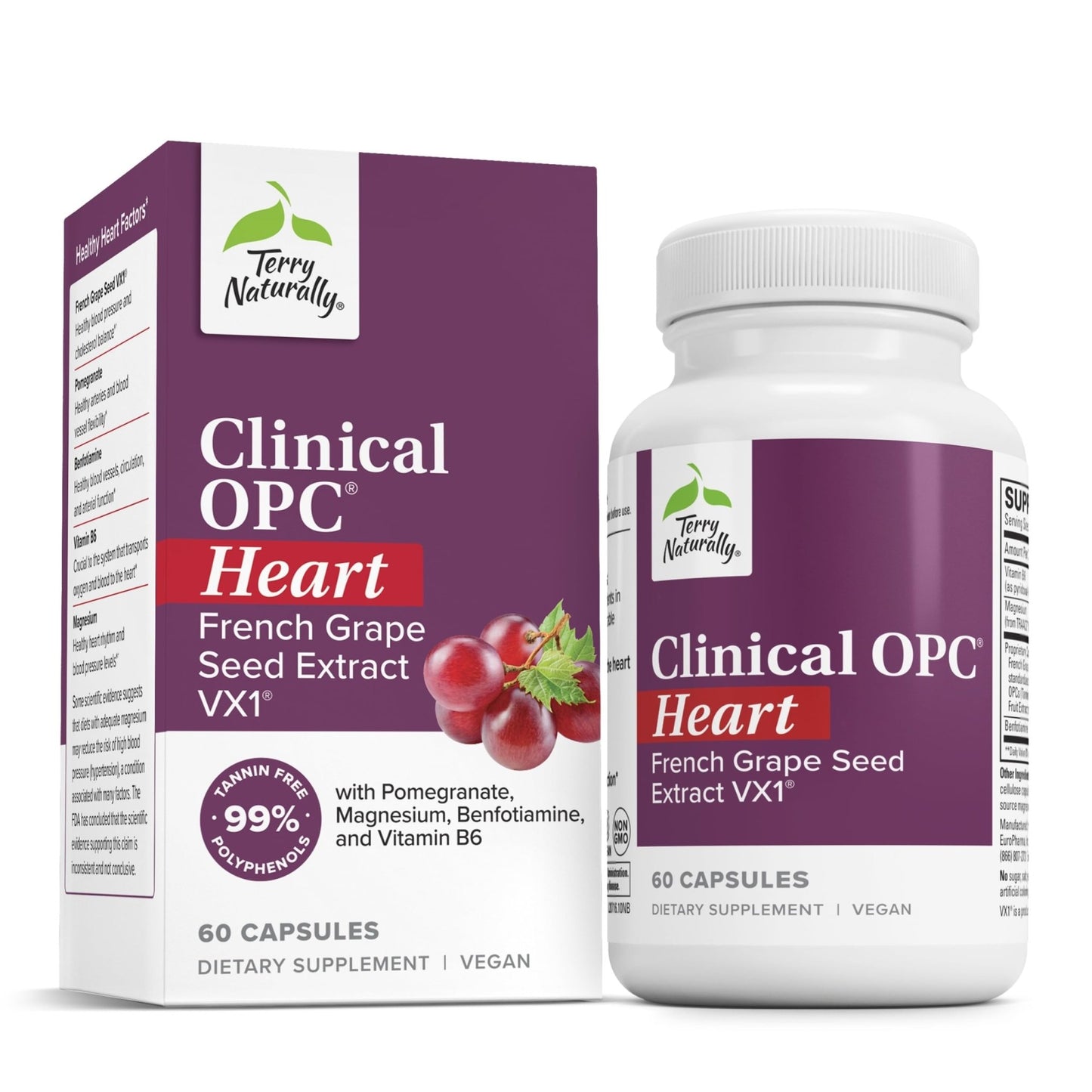 Terry Naturally Clinical OPC Heart - Heart Health Supplement with Magnesium, Vitamin B6, Grape Seed Extract - Dietary Supplement for Artery Health & Circulation - 60 Capsules - dailyvitalstore