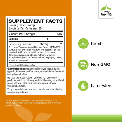 Terry Naturally CuraMed 375mg - Antioxidant Supplement for Brain & Immune Health Support - Dietary Supplement with Curcumin & Turmeric Essential Oil - Herbal Liver Support - 90 Softgels - dailyvitalstore