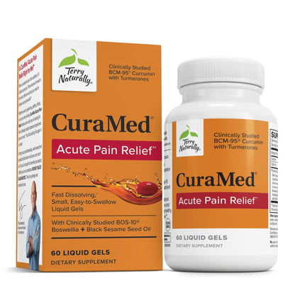 Terry Naturally CuraMed Acute Pain Relief - Supplement with BCM-95 Curcumin & BOS-10 Boswellia - Black Sesame Seed Oil to Support Relief of Occasional Discomfort - 60 Liquid Gels - dailyvitalstore